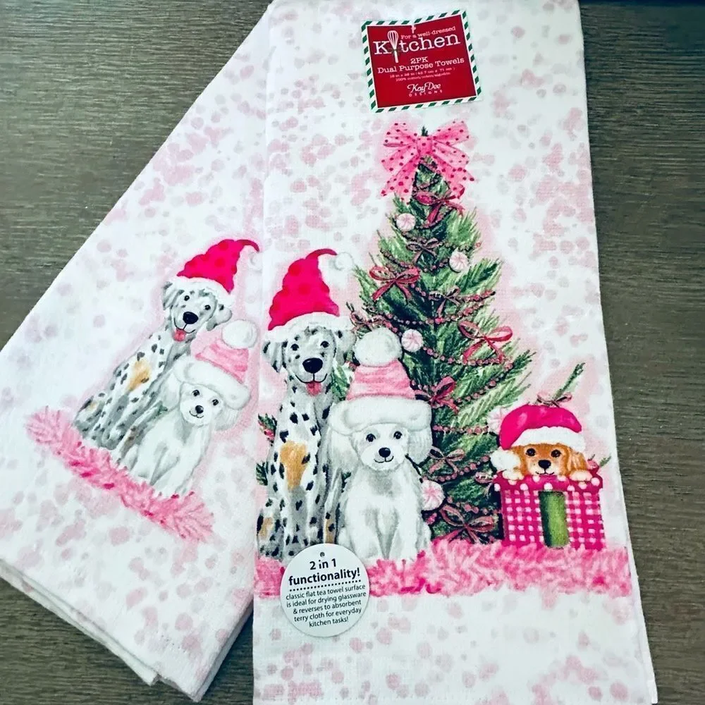 Pink Dog Christmas Tree Holiday Kitchen Dosh Towels Set